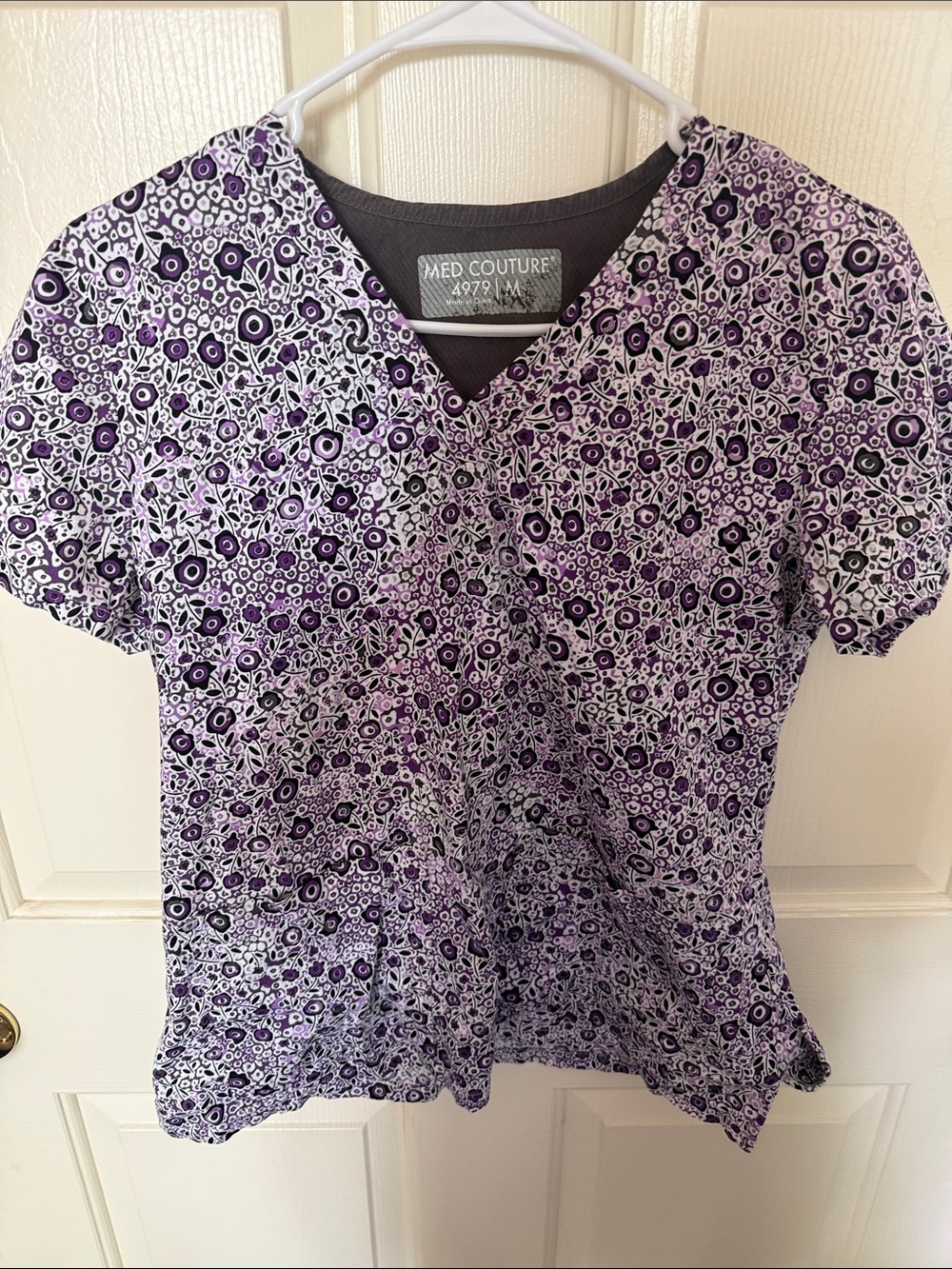 Med Couture Purple and White Floral V-Neck Scrub Top